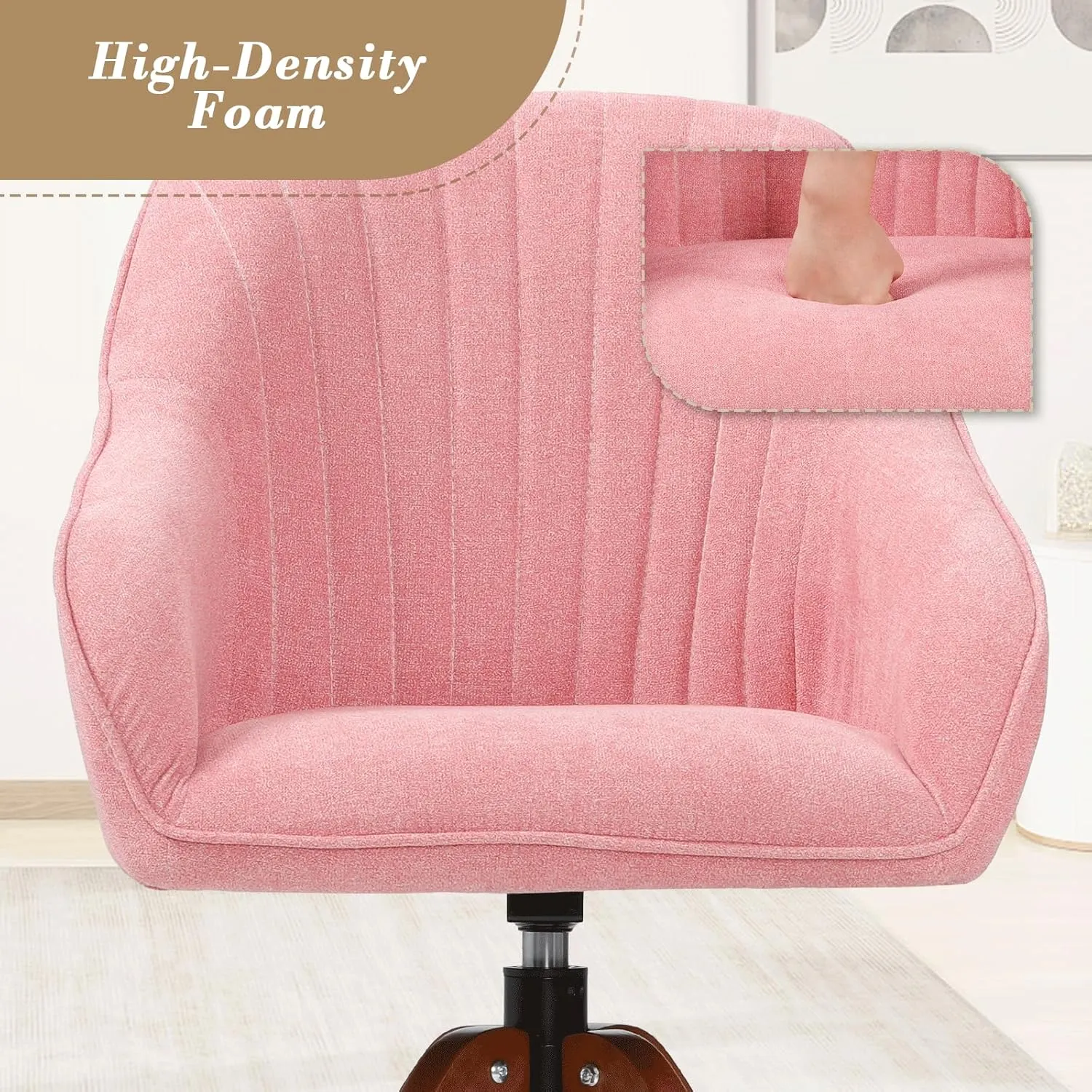Athena Collection Swivel Modern Accent Chair, Linen Upholstered Armchair Office Desk Chair No Wheels with Wooden Legs, Comfy Vanity Chair Reading Chair for Bedroom Living Room Office, Pink