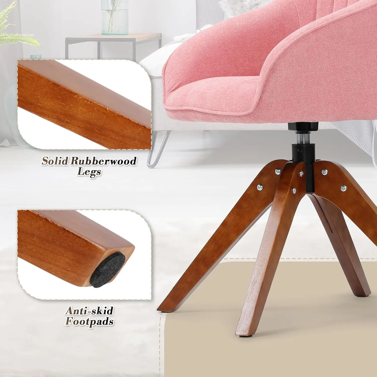 Athena Collection Swivel Modern Accent Chair, Linen Upholstered Armchair Office Desk Chair No Wheels with Wooden Legs, Comfy Vanity Chair Reading Chair for Bedroom Living Room Office, Pink