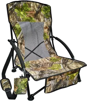 AUSCAMOTEK Low Profile Hunting Chair, Portable Folding Camo Ground Blind Chaise Longue with Shoulder Strap, Cup Holder, Mesh Backrest, Carry Bag & Storage Pouch, Ideal for Turkey Hunting & Outdoors