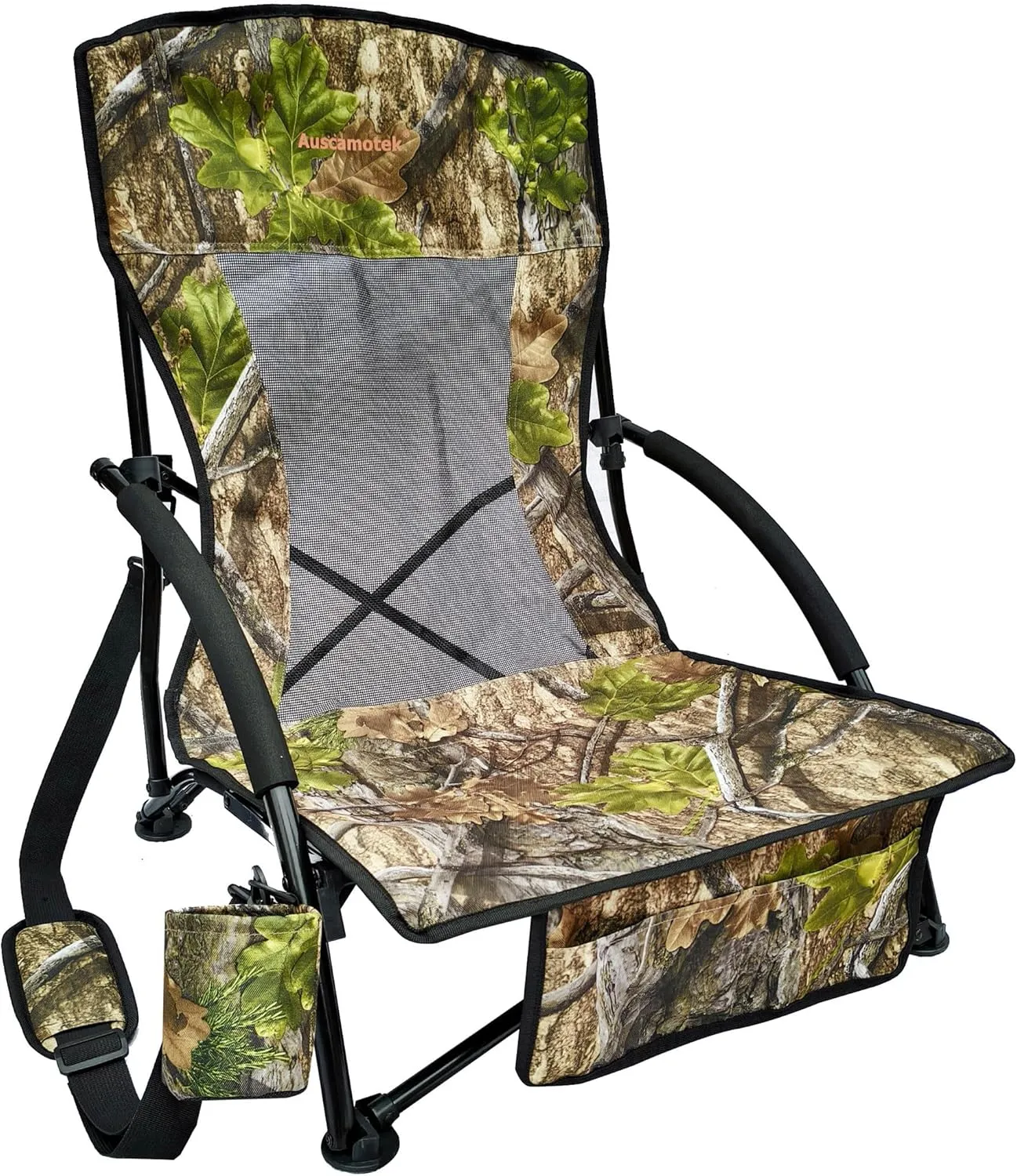 AUSCAMOTEK Low Profile Hunting Chair, Portable Folding Camo Ground Blind Chaise Longue with Shoulder Strap, Cup Holder, Mesh Backrest, Carry Bag & Storage Pouch, Ideal for Turkey Hunting & Outdoors