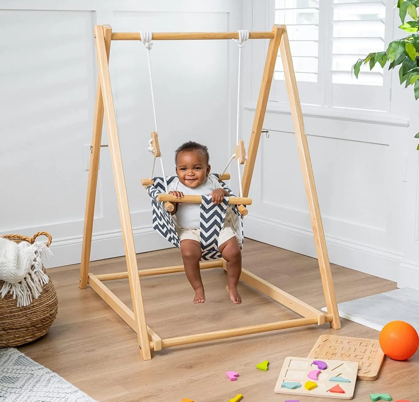 Avenlur Spruce Baby and Toddler Swing with Stand - Foldable Baby Swing - with Seat Belt and Padded Pillow - Free Standing Toddler Swing for Children 6 Months to 3 Years - Montessori and Waldorf Style