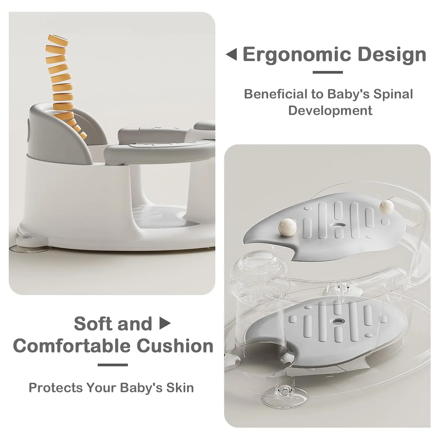 Baby Bath Seat for Babies 6 Months & up, Sure & Secure Suction Cups, Non-Slip Baby Bath Seat, Detachable, Safe & Comfortable Baby Bath Support, Sit Up Bath Seat for Baby (Grey)