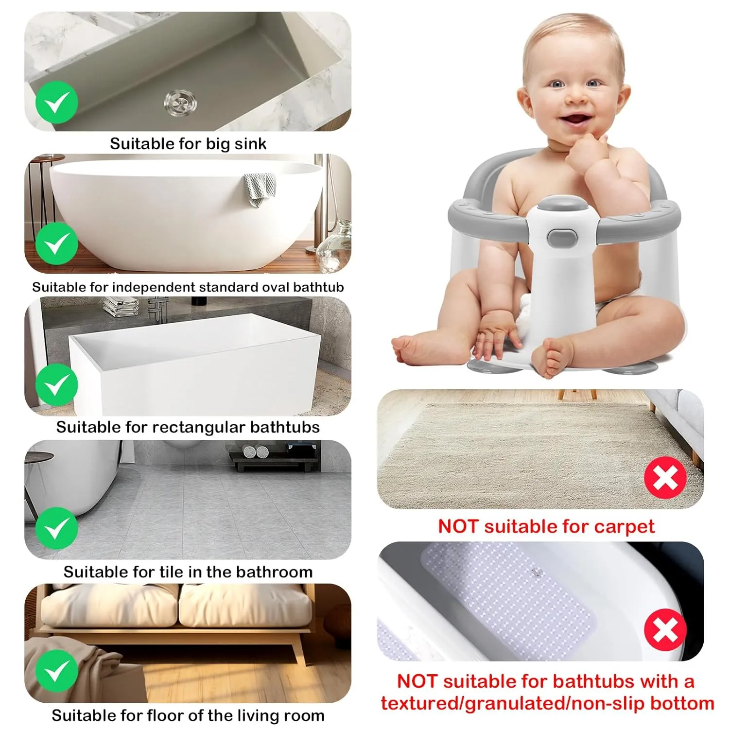 Baby Bath Seat for Babies 6 Months & up, Sure & Secure Suction Cups, Non-Slip Baby Bath Seat, Detachable, Safe & Comfortable Baby Bath Support, Sit Up Bath Seat for Baby (Grey)