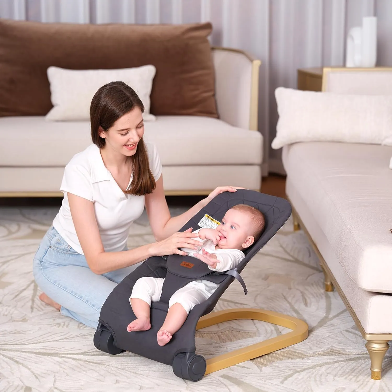 Baby Bouncer,Portable Baby Bouncer Seat & Foldable with 3 Height Adjustments, Ergonomic Bouncer for Babies 0-6 Months, Wood Grain Style, Natural Vibrations, Includes Storage Bag(Grey)
