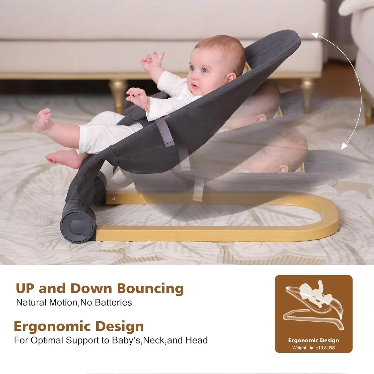 Baby Bouncer,Portable Baby Bouncer Seat & Foldable with 3 Height Adjustments, Ergonomic Bouncer for Babies 0-6 Months, Wood Grain Style, Natural Vibrations, Includes Storage Bag(Grey)