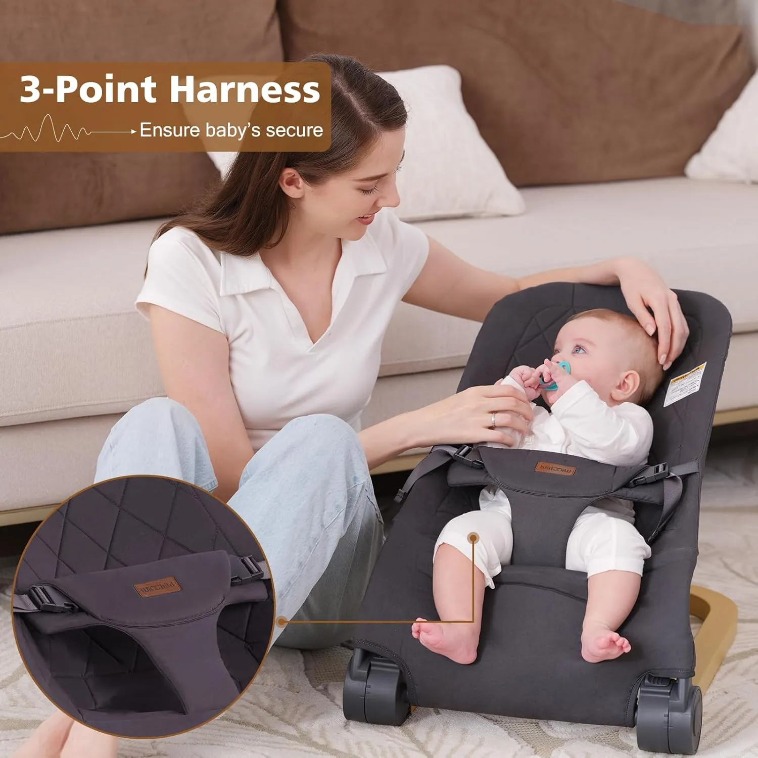 Baby Bouncer,Portable Baby Bouncer Seat & Foldable with 3 Height Adjustments, Ergonomic Bouncer for Babies 0-6 Months, Wood Grain Style, Natural Vibrations, Includes Storage Bag(Grey)