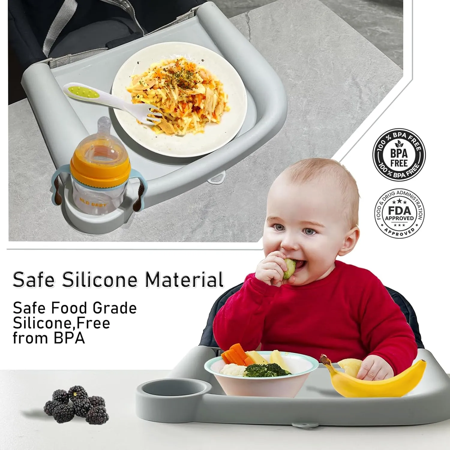 Baby Dining Tray Compatible with Inglesina Fast Table Chair Silicone Baby Feeding Tray for Clip-On Fast Table Chair Dishwasher Safe BPA Free Silicone Removable Dining Tray Accessory -White