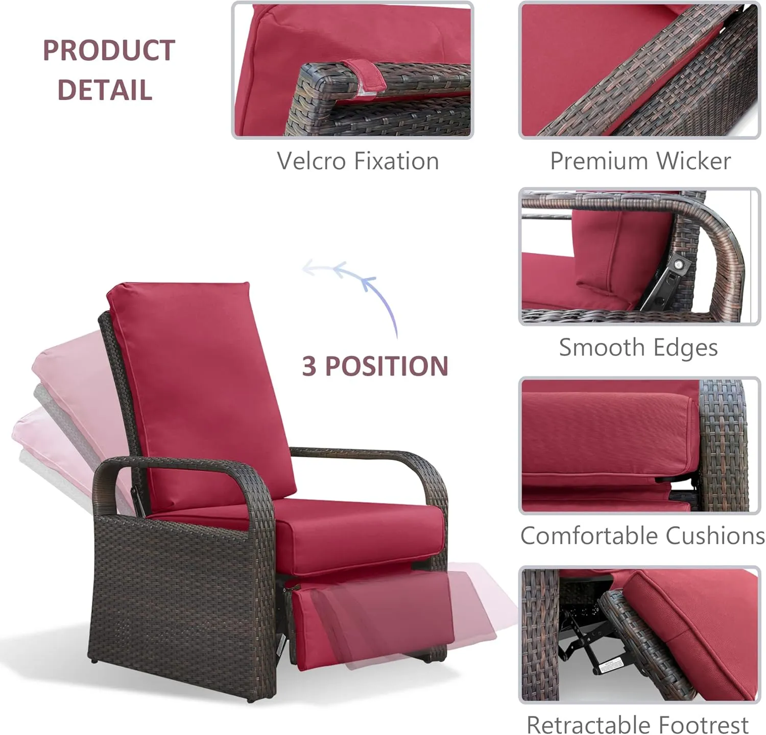 Babylon Dual-use Indoor/Outdoor Wicker Adjustable Recliner Chair, Patio Relaxing Lounge Rattan Armchair with Cushions (Brown Wicker red Cushion)