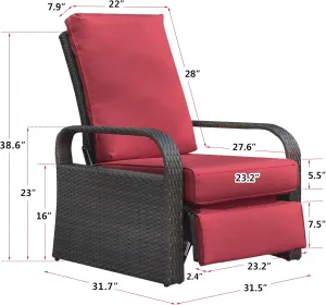 Babylon Dual-use Indoor/Outdoor Wicker Adjustable Recliner Chair, Patio Relaxing Lounge Rattan Armchair with Cushions (Brown Wicker red Cushion)