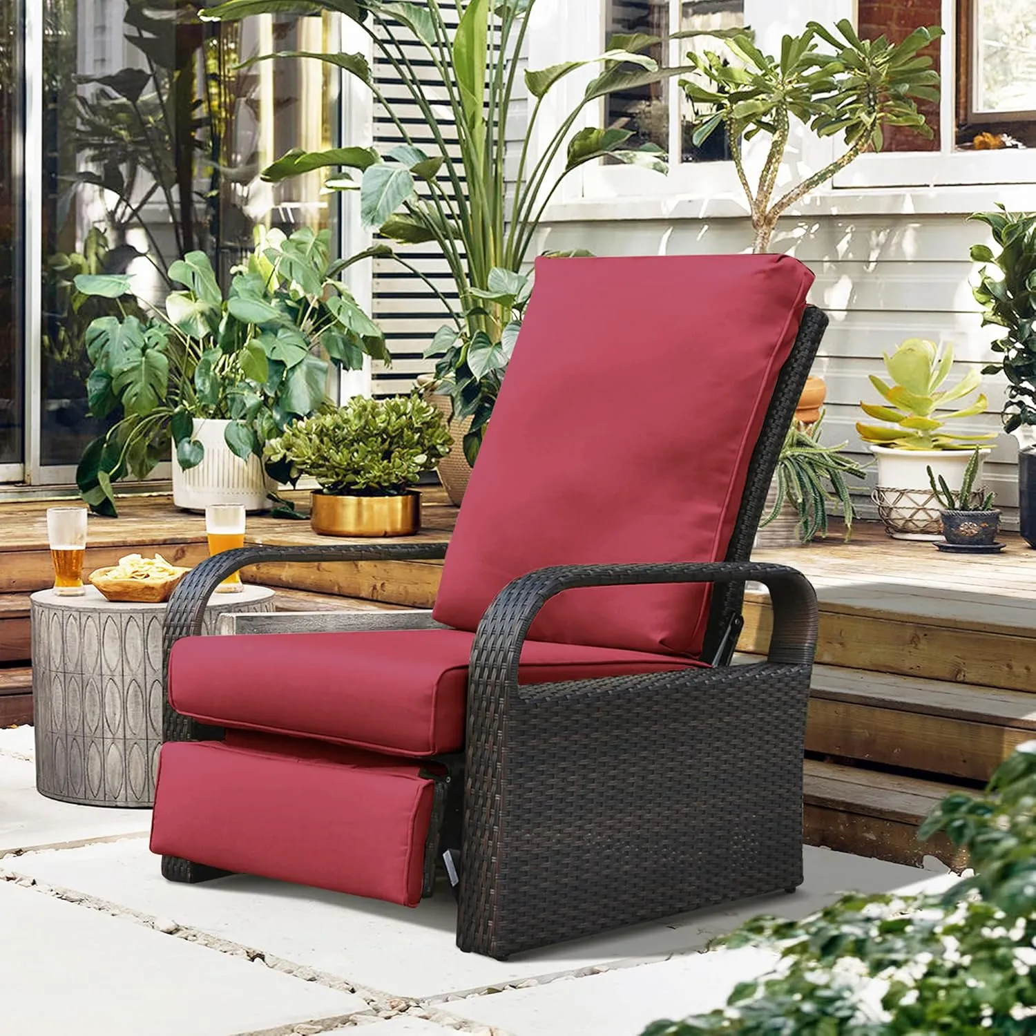Babylon Dual-use Indoor/Outdoor Wicker Adjustable Recliner Chair, Patio Relaxing Lounge Rattan Armchair with Cushions (Brown Wicker red Cushion)