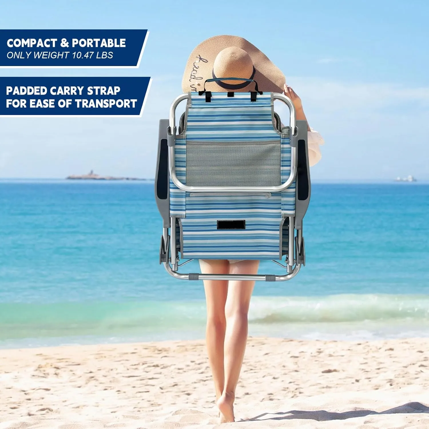 Backpack Beach Chair Aluminum with Folding Camping Table 5-Position Lay Flat Lounge Chair Outdoor for Adults with Insulated Cooler Bag and Cup Holder
