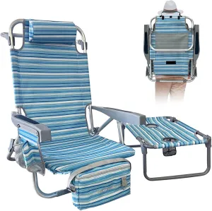 Backpack Beach Chair Aluminum with Folding Camping Table 5-Position Lay Flat Lounge Chair Outdoor for Adults with Insulated Cooler Bag and Cup Holder