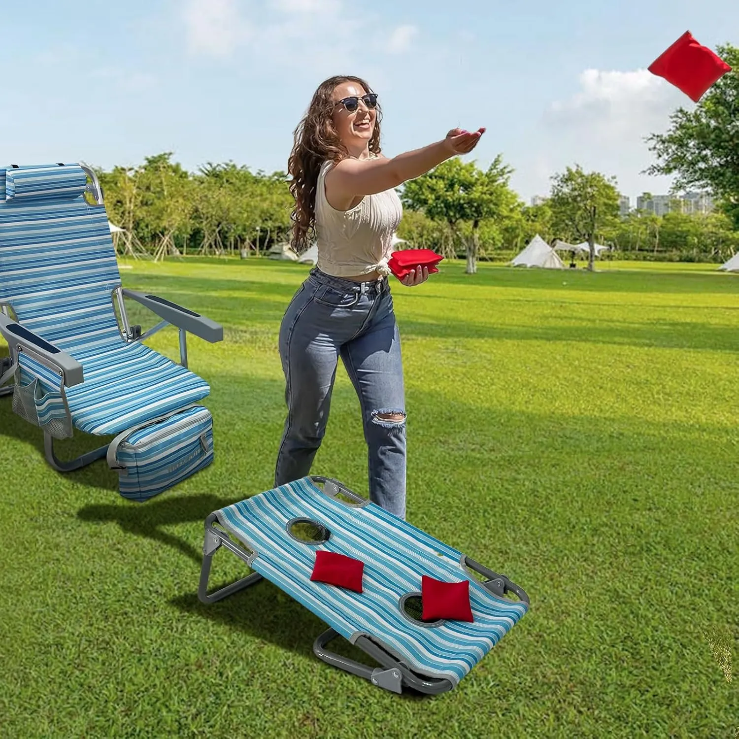 Backpack Beach Chair Aluminum with Folding Camping Table 5-Position Lay Flat Lounge Chair Outdoor for Adults with Insulated Cooler Bag and Cup Holder
