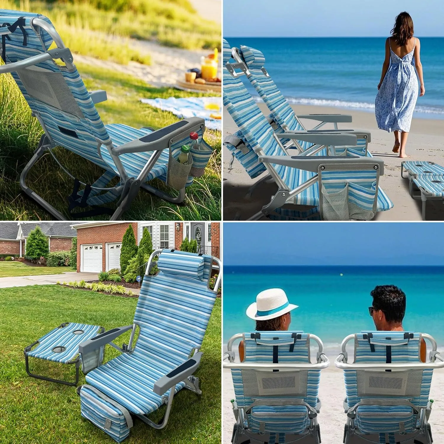 Backpack Beach Chair Aluminum with Folding Camping Table 5-Position Lay Flat Lounge Chair Outdoor for Adults with Insulated Cooler Bag and Cup Holder
