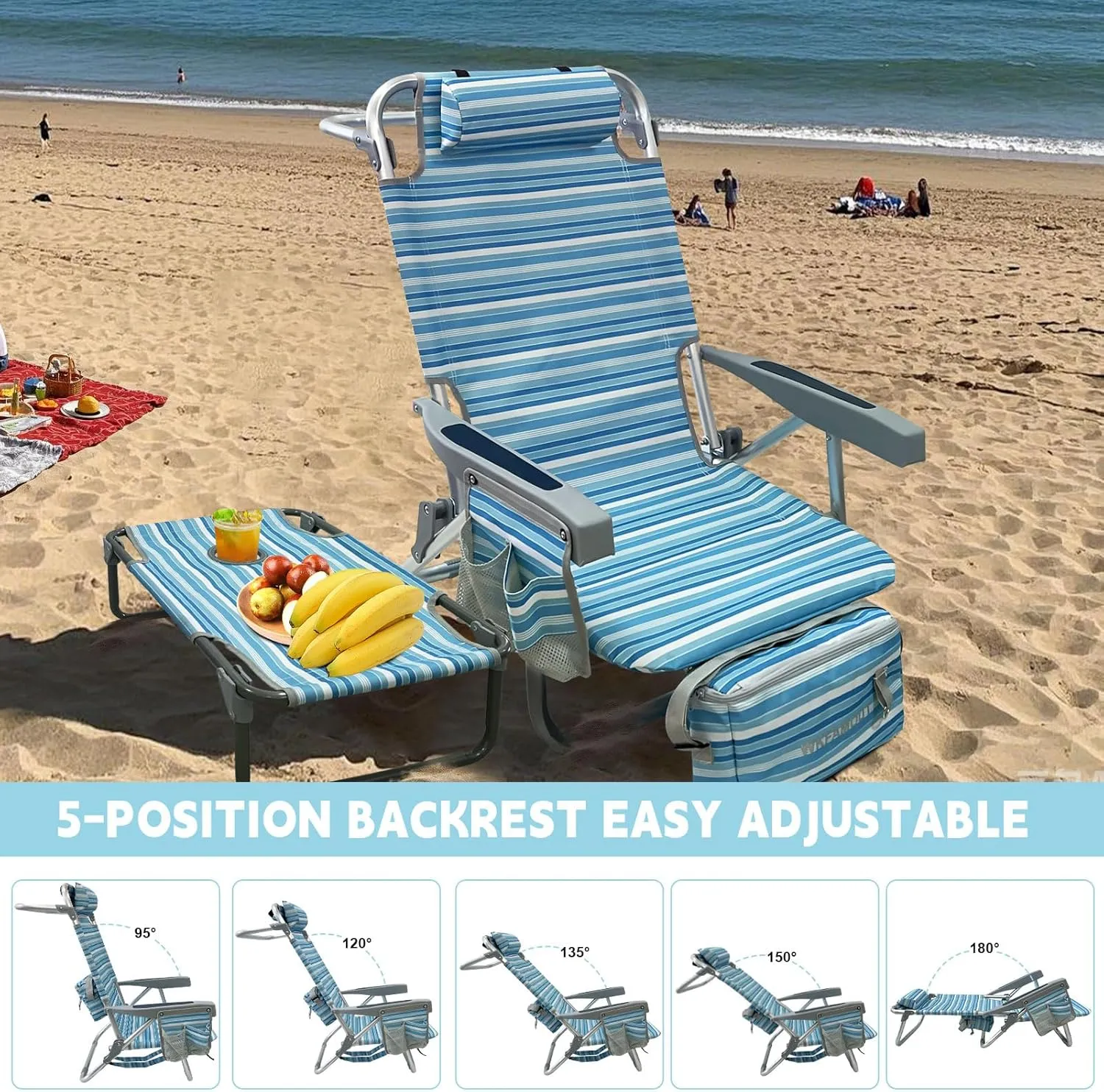 Backpack Beach Chair Aluminum with Folding Camping Table 5-Position Lay Flat Lounge Chair Outdoor for Adults with Insulated Cooler Bag and Cup Holder