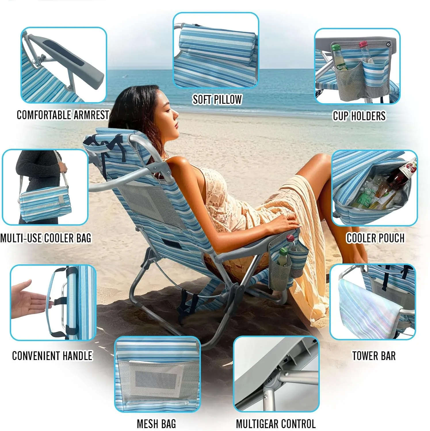 Backpack Beach Chair Aluminum with Folding Camping Table 5-Position Lay Flat Lounge Chair Outdoor for Adults with Insulated Cooler Bag and Cup Holder