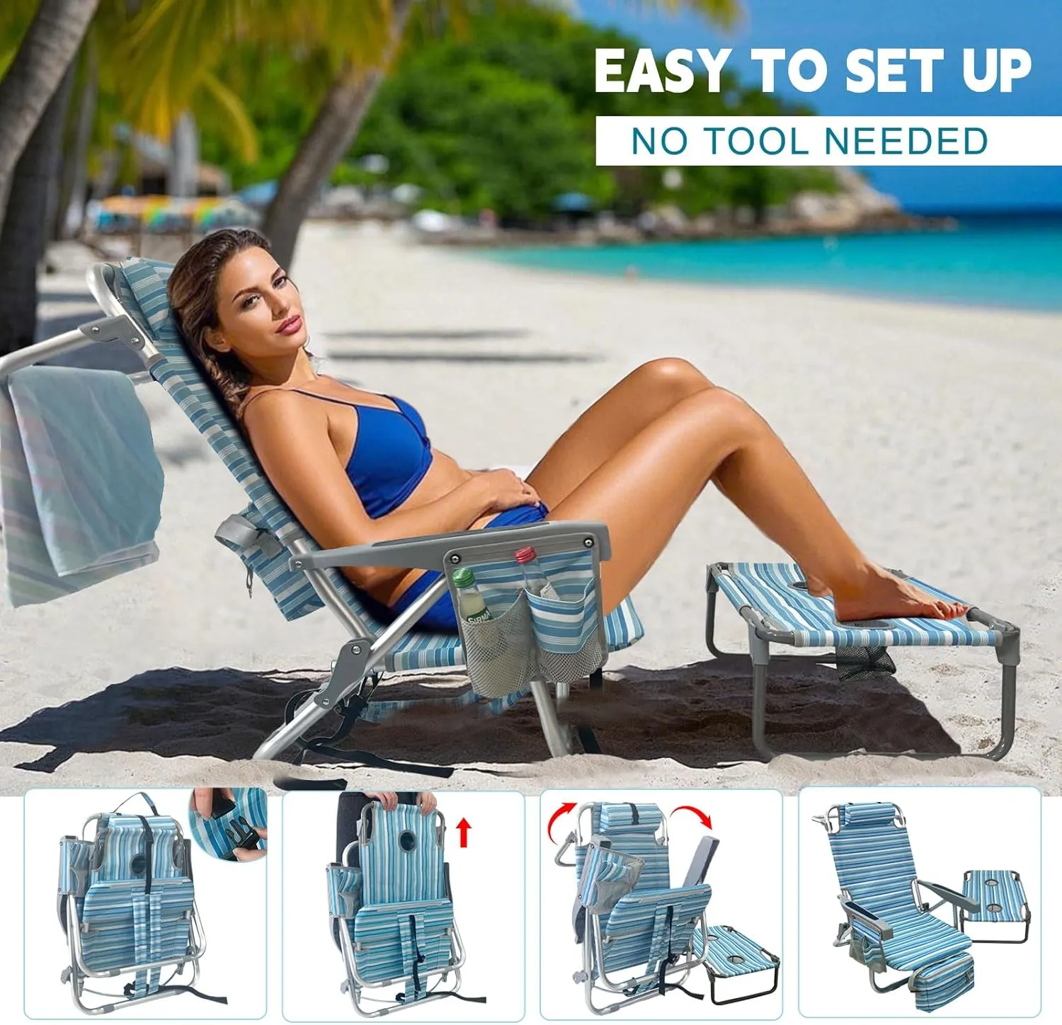 Backpack Beach Chair Aluminum with Folding Camping Table 5-Position Lay Flat Lounge Chair Outdoor for Adults with Insulated Cooler Bag and Cup Holder