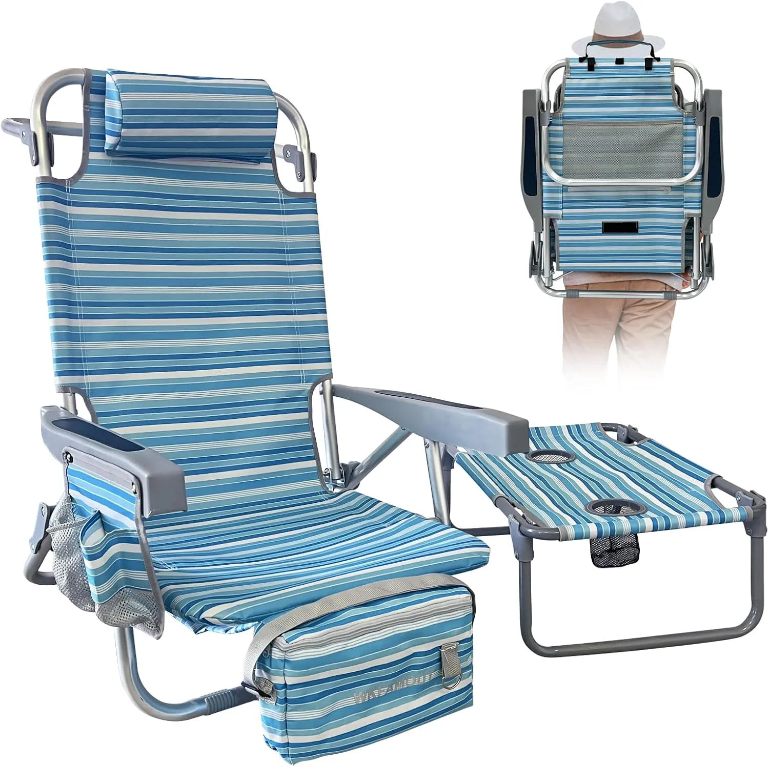Backpack Beach Chair Aluminum with Folding Camping Table 5-Position Lay Flat Lounge Chair Outdoor for Adults with Insulated Cooler Bag and Cup Holder