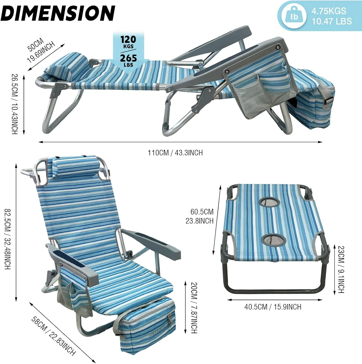 Backpack Beach Chair Aluminum with Folding Camping Table 5-Position Lay Flat Lounge Chair Outdoor for Adults with Insulated Cooler Bag and Cup Holder