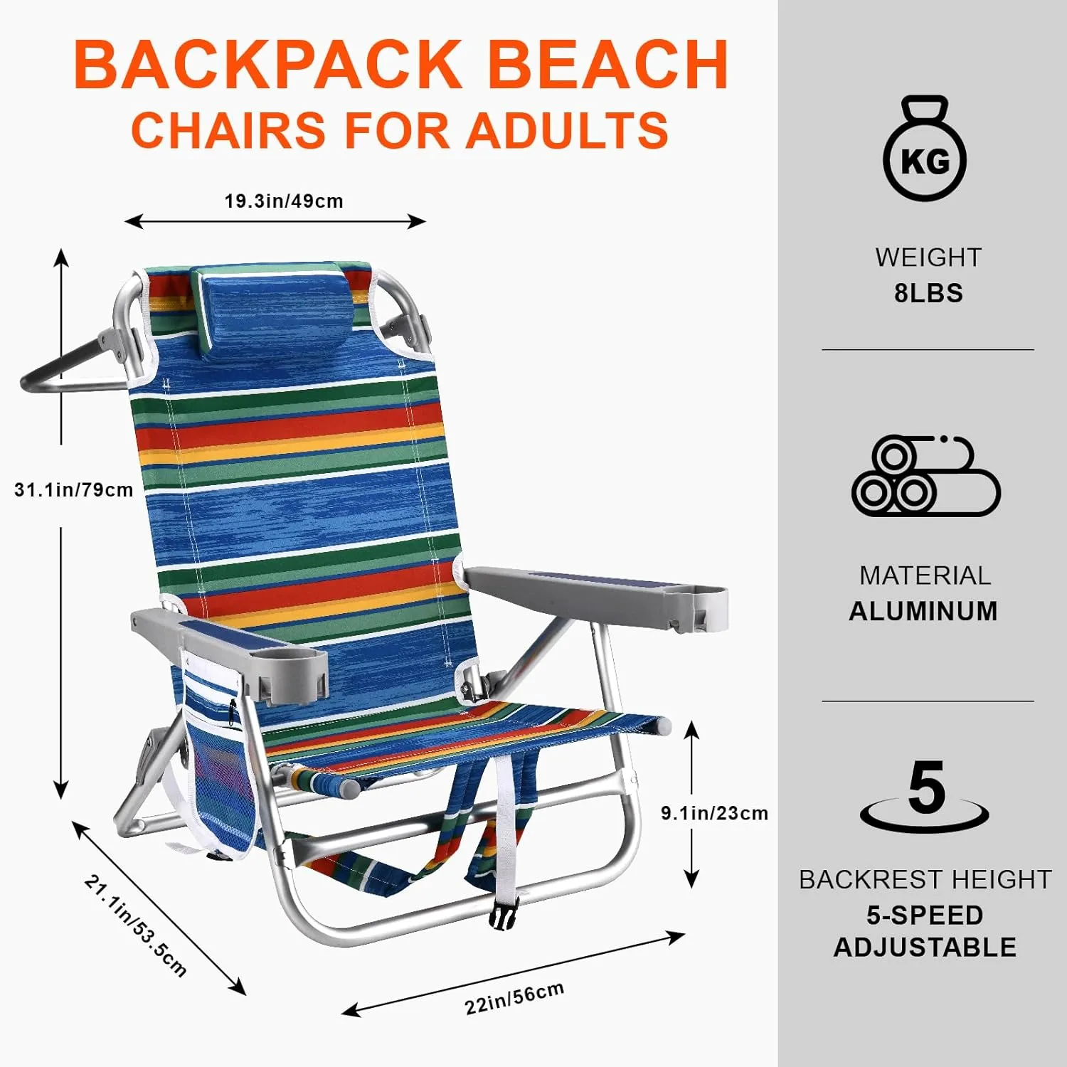 Backpack Beach Chairs for Adults Capacity 300 LBS Low 5 Position Beach Chair with Pouch Straps Folding Lightweight Reclining Aluminum Wide Lay Flat Single