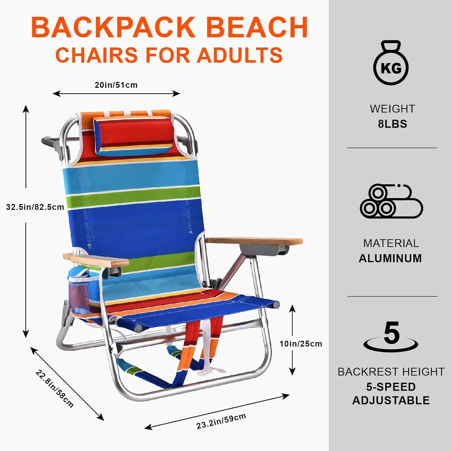 Backpack Beach Chairs for Adults Capacity 300 LBS Low 5 Position Beach Chair with Pouch Straps Folding Lightweight Reclining Aluminum Wide Lay Flat Single