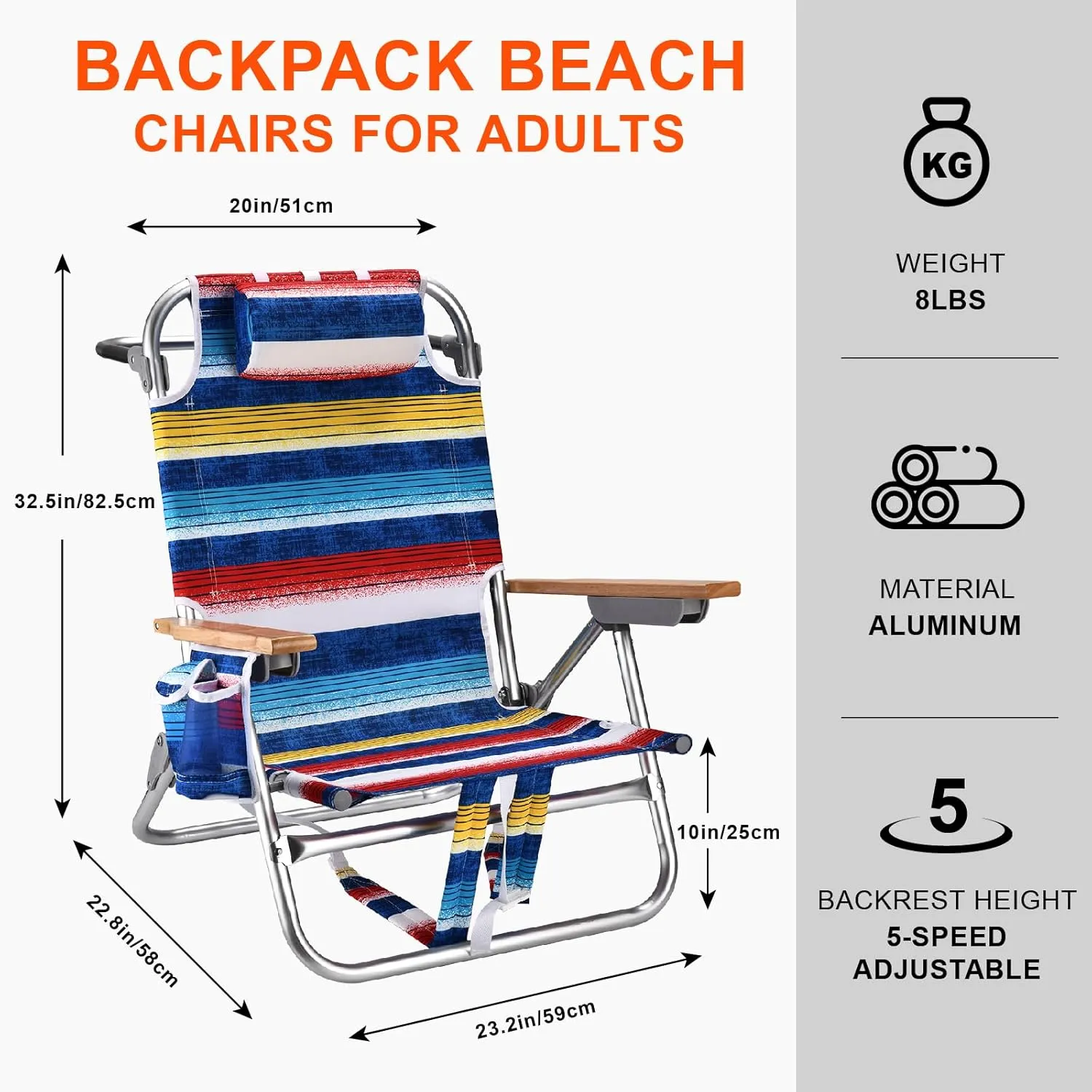 Backpack Beach Chairs for Adults Capacity 300 LBS Low 5 Position Beach Chair with Pouch Straps Folding Lightweight Reclining Aluminum Wide Lay Flat Single