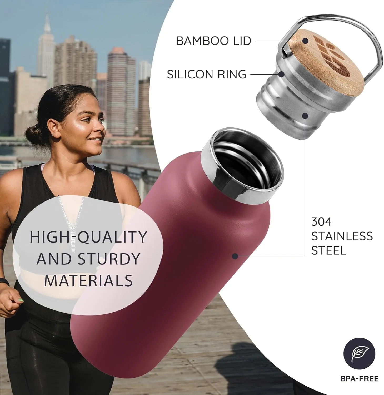 Bambaw 32 oz Water Bottle, Red Insulated Water Bottle, Large Water Bottle Insulated, Stainless Steel Water Bottle, Metal Water Bottle with Handle, 1 Liter Stainless Steel Water Bottle – Red Berry