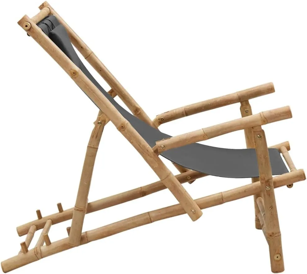 Bamboo Deck Chair with Adjustable Backrest Dark Gray Foldable Outdoor Lounge Chair for Patio Beach Poolside 3-Position Reclining Furniture