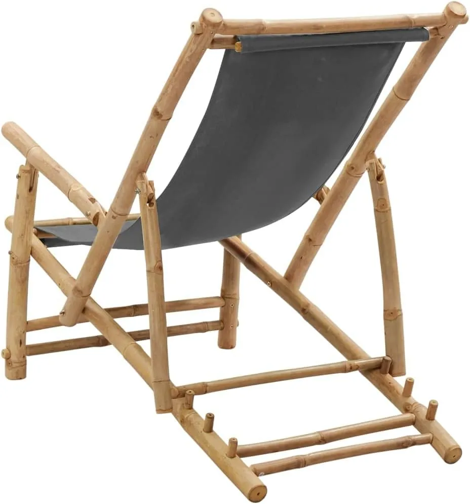 Bamboo Deck Chair with Adjustable Backrest Dark Gray Foldable Outdoor Lounge Chair for Patio Beach Poolside 3-Position Reclining Furniture