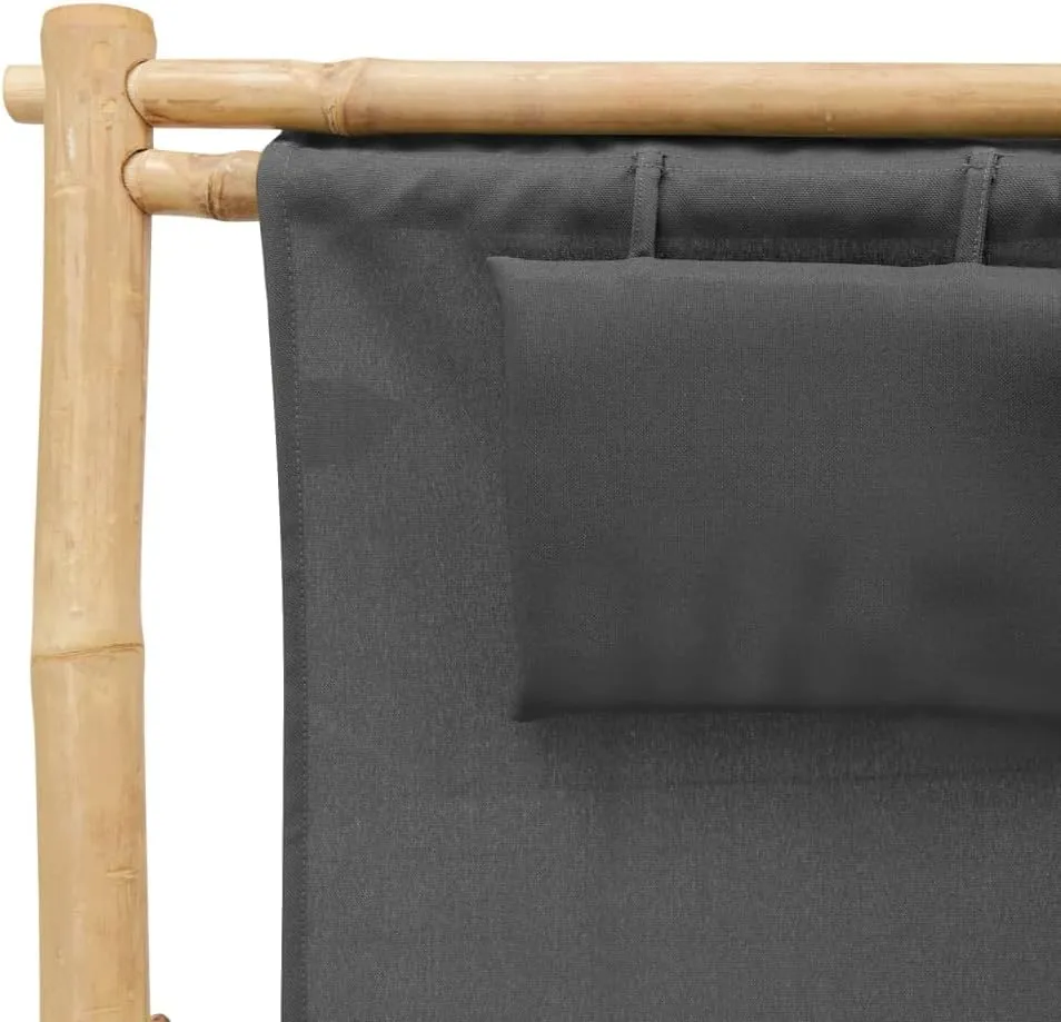 Bamboo Deck Chair with Adjustable Backrest Dark Gray Foldable Outdoor Lounge Chair for Patio Beach Poolside 3-Position Reclining Furniture