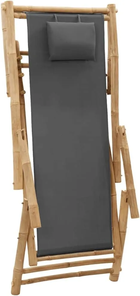 Bamboo Deck Chair with Adjustable Backrest Dark Gray Foldable Outdoor Lounge Chair for Patio Beach Poolside 3-Position Reclining Furniture