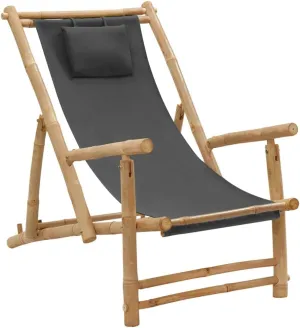 Bamboo Deck Chair with Adjustable Backrest Dark Gray Foldable Outdoor Lounge Chair for Patio Beach Poolside 3-Position Reclining Furniture