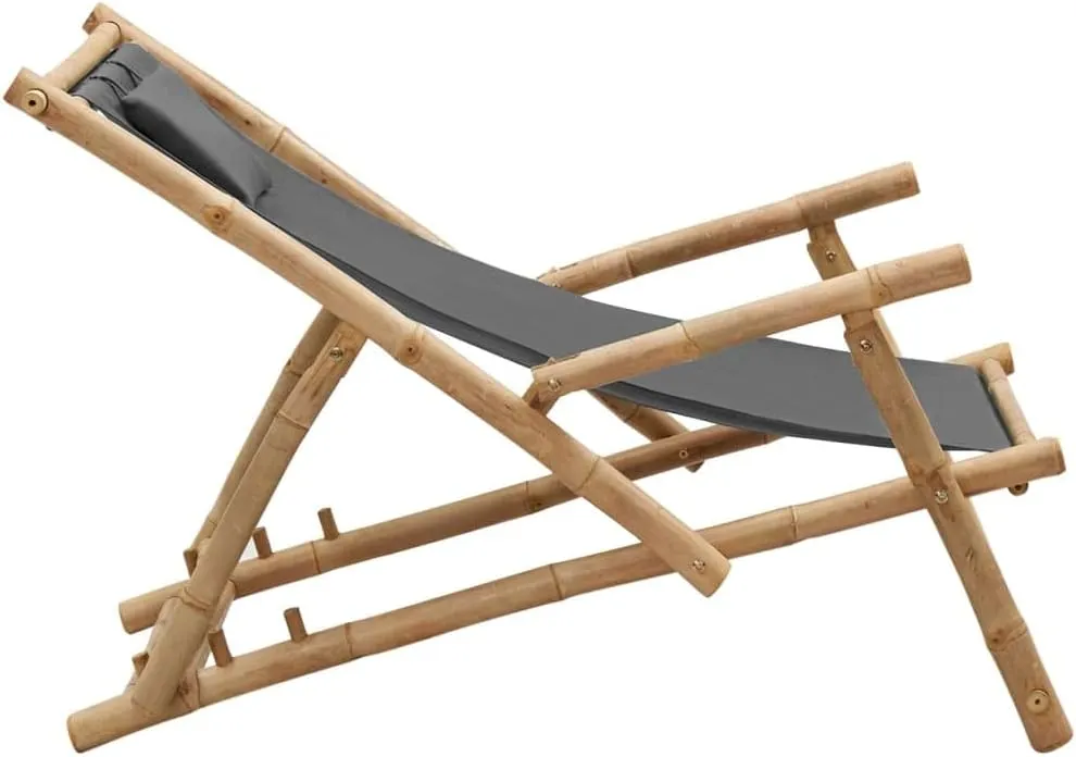 Bamboo Deck Chair with Adjustable Backrest Dark Gray Foldable Outdoor Lounge Chair for Patio Beach Poolside 3-Position Reclining Furniture