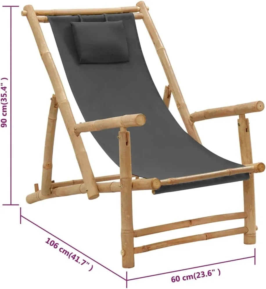 Bamboo Deck Chair with Adjustable Backrest Dark Gray Foldable Outdoor Lounge Chair for Patio Beach Poolside 3-Position Reclining Furniture