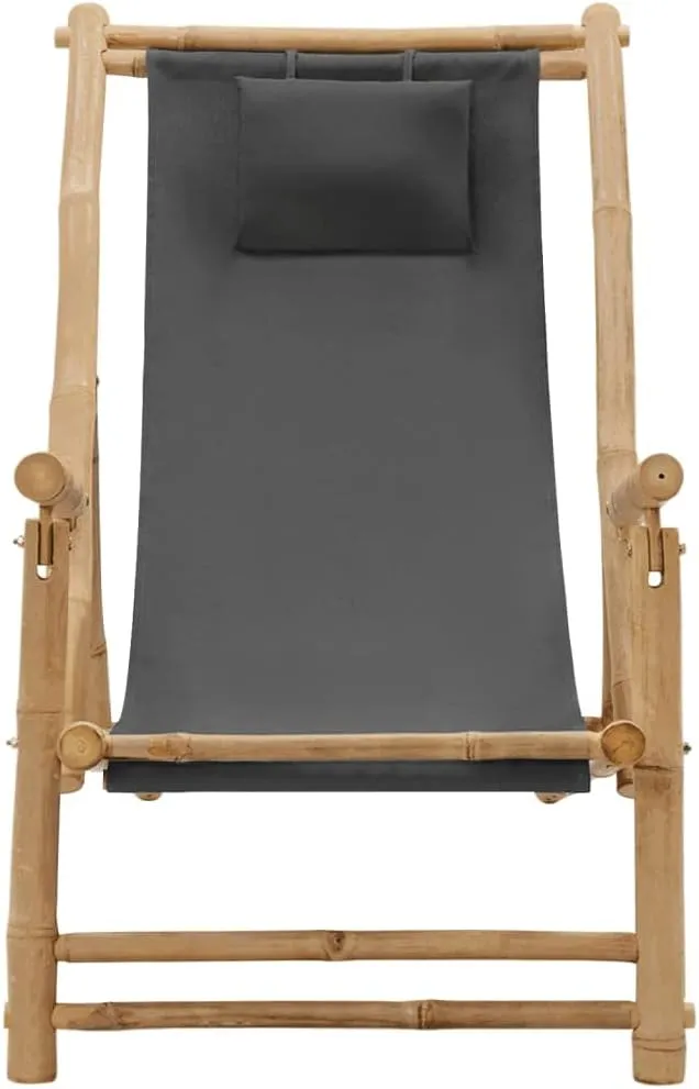 Bamboo Deck Chair with Adjustable Backrest Dark Gray Foldable Outdoor Lounge Chair for Patio Beach Poolside 3-Position Reclining Furniture