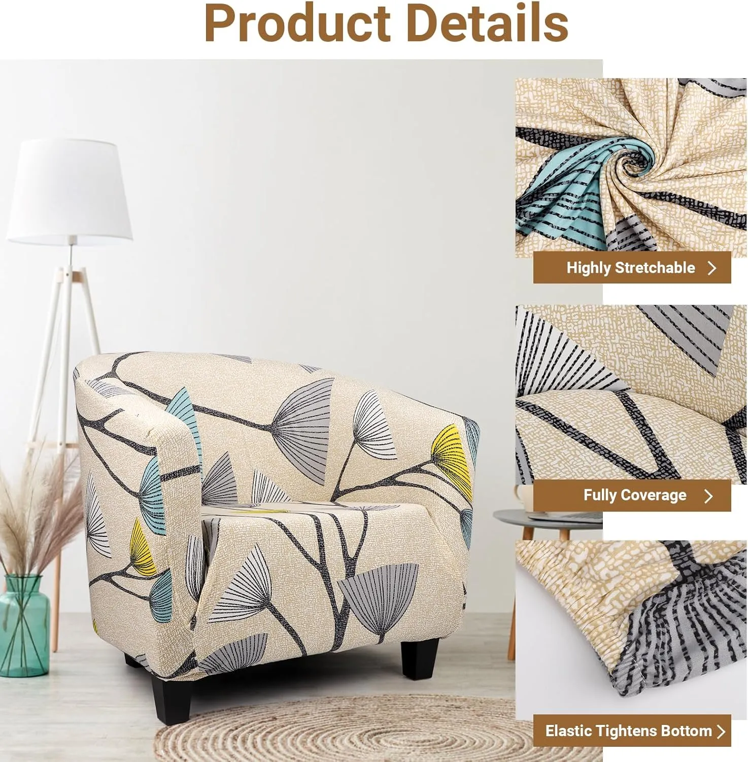Barrel Chair Cover, Thick Beige/Grey Club Chair Slipcover 1 Piece, Round Soft Tub Chair Sofa Covers Removable Couch Furniture Protector for Bar Living Room Bedroom Hotel Counter