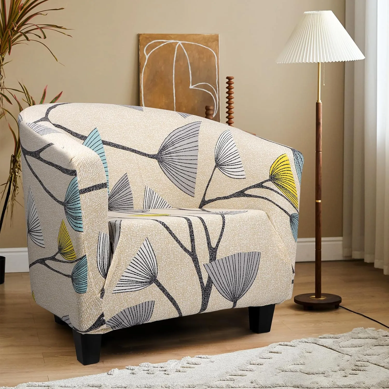 Barrel Chair Cover, Thick Beige/Grey Club Chair Slipcover 1 Piece, Round Soft Tub Chair Sofa Covers Removable Couch Furniture Protector for Bar Living Room Bedroom Hotel Counter