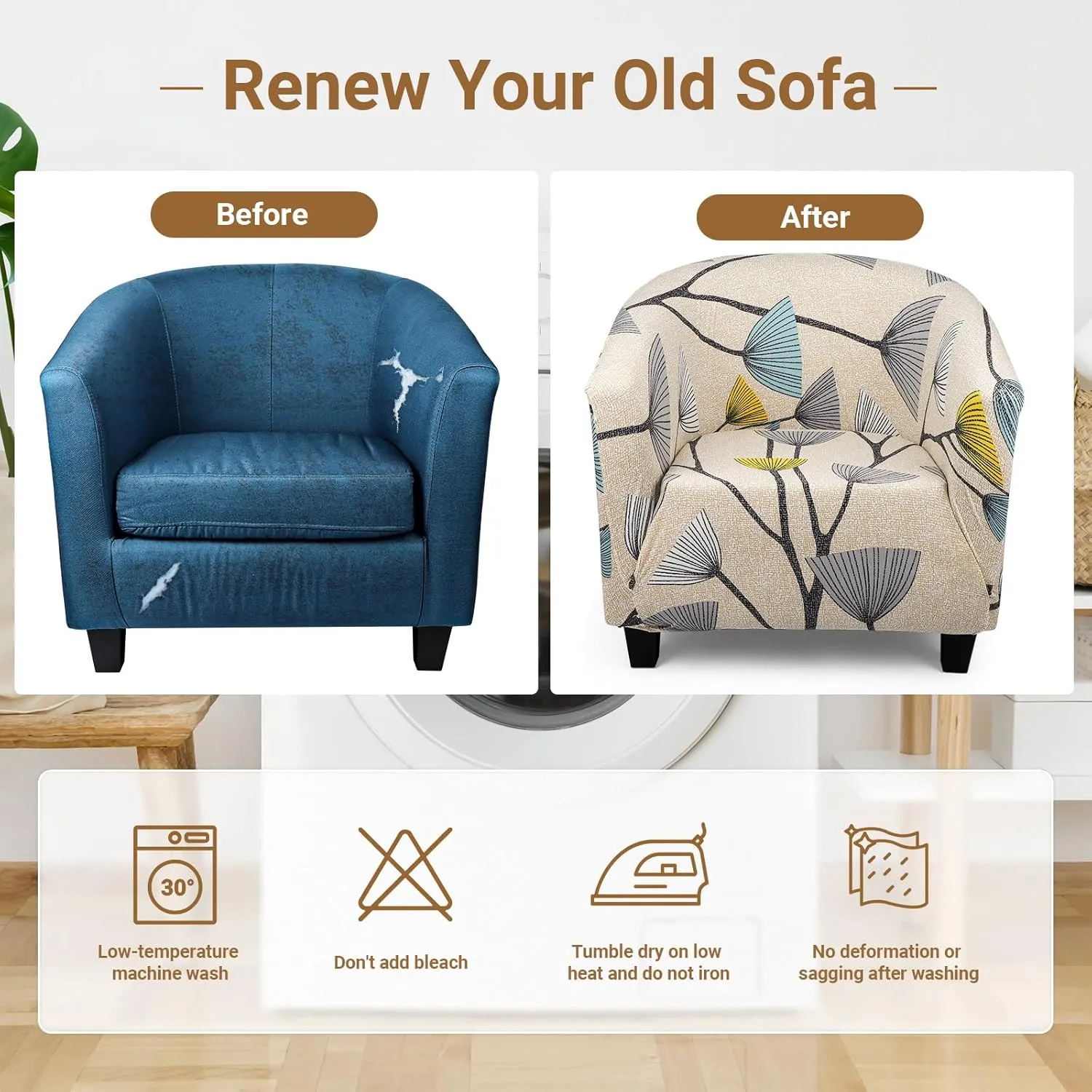 Barrel Chair Cover, Thick Beige/Grey Club Chair Slipcover 1 Piece, Round Soft Tub Chair Sofa Covers Removable Couch Furniture Protector for Bar Living Room Bedroom Hotel Counter