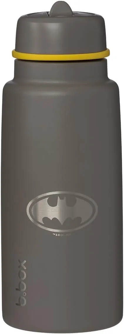 Batman by b.box 34oz Triple Insulated Kids Water Bottle w/Stainless Steel Straw. Keeps Drinks Cold up to 46 Hours. Flip-top, Leak-Proof Tumbler with Lid & Straw for Travel, Gym & School