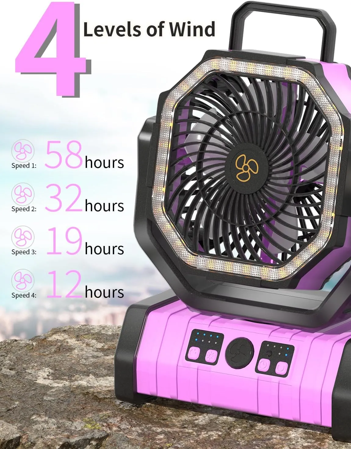 Battery Operated Portable Camping Fan Battery Powered Outdoor Tent Fan with LED Lantern Light 20000mAh Rechargeable, Oscillating, 360° Rotating Hanging Hook, Cordless USB Desk Fan(Pink)