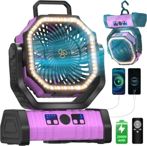 Battery Operated Portable Camping Fan Battery Powered Outdoor Tent Fan with LED Lantern Light 20000mAh Rechargeable, Oscillating, 360° Rotating Hanging Hook, Cordless USB Desk Fan(Pink)