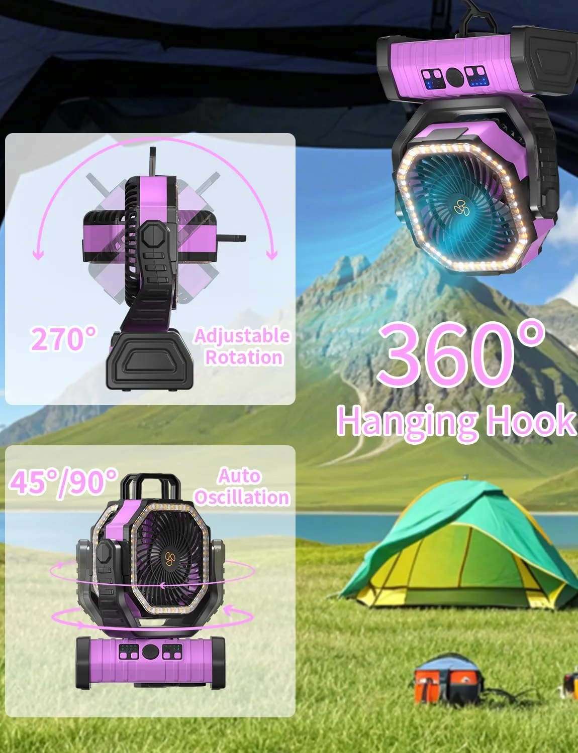 Battery Operated Portable Camping Fan Battery Powered Outdoor Tent Fan with LED Lantern Light 20000mAh Rechargeable, Oscillating, 360° Rotating Hanging Hook, Cordless USB Desk Fan(Pink)