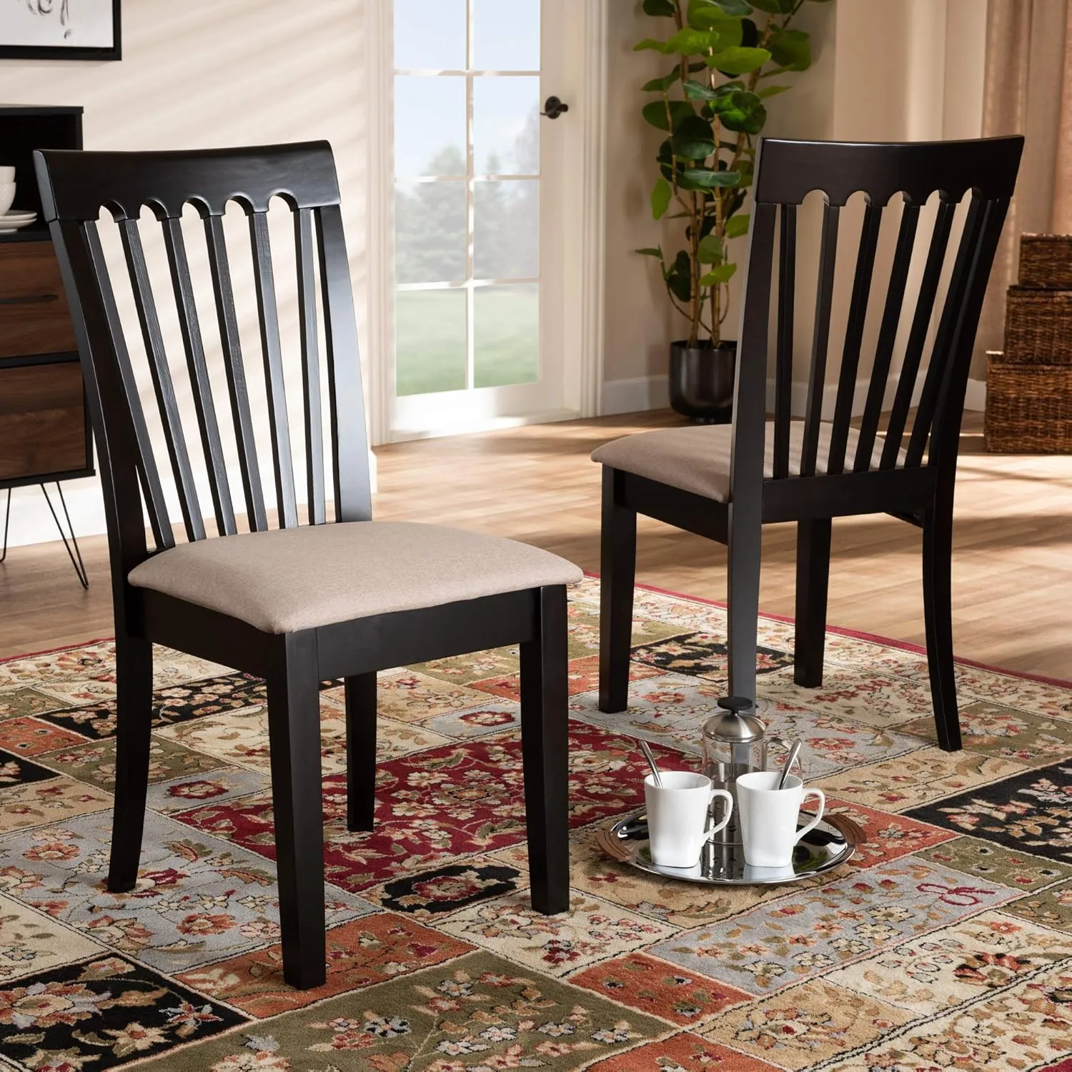 Baxton Studio Minette 2-Piece Dining Chair Set - Sand Fabric Upholstered, Espresso Brown Finished Wood