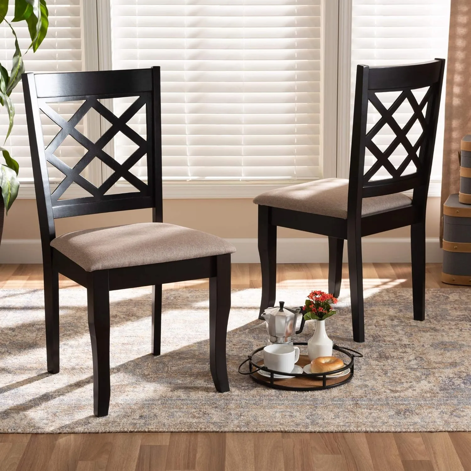 Baxton Studio Verner 2-Piece Wood Dining Chair Set - Sand Fabric Upholstered, Dark Brown Finished