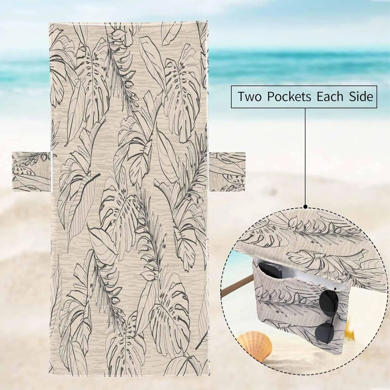 Beach Chair Covers Set of 2 Vintage Floral and Tropical Leaves Patternpalm Trees in Beach Chair Cover with Side Pockets for Sun Lounger Pool Sunbathing