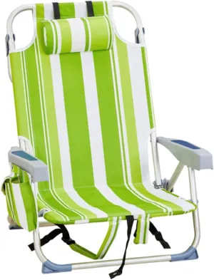 Beach Chair for Adults, Portable Outdoor Reclining Camping Chair with 5-Position, Lightweight Folding Chairs with Headrest, Cooler Pouch, Cup Holders, Towel Bar, Shoulder Strap, Green Stripes