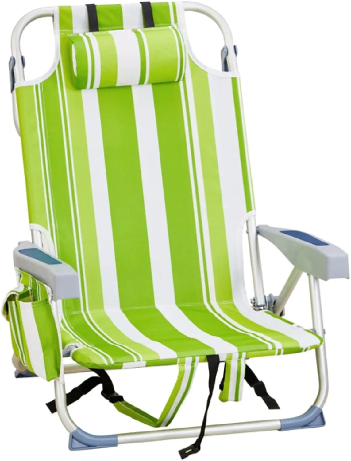 Beach Chair for Adults, Portable Outdoor Reclining Camping Chair with 5-Position, Lightweight Folding Chairs with Headrest, Cooler Pouch, Cup Holders, Towel Bar, Shoulder Strap, Green Stripes