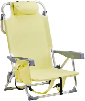 Beach Chair for Adults, Portable Outdoor Reclining Camping Chair with 5-Position, Lightweight Folding Chairs with Headrest, Cooler Pouch, Cup Holders, Towel Bar, Shoulder Strap, Yellow
