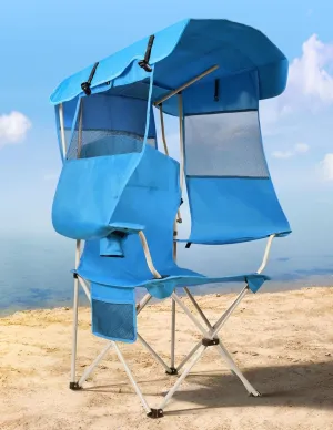 Beach Chair with Canopy Shade, Folding Camping Chair with Canopy with Cup Holder, Side Pocket for Camp, Beach, Tailgates, Fishing - Support 330 LBS
