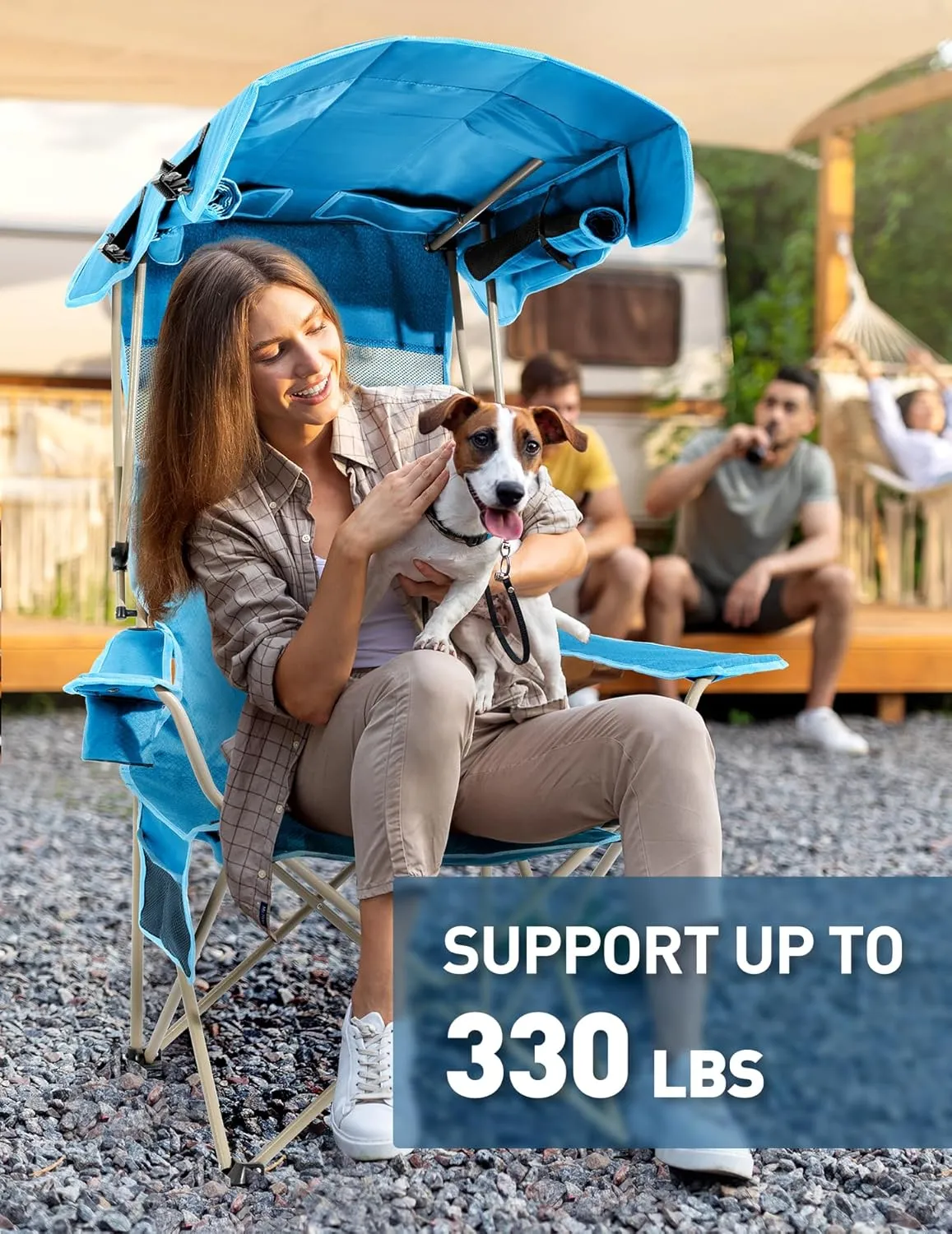 Beach Chair with Canopy Shade, Folding Camping Chair with Canopy with Cup Holder, Side Pocket for Camp, Beach, Tailgates, Fishing - Support 330 LBS